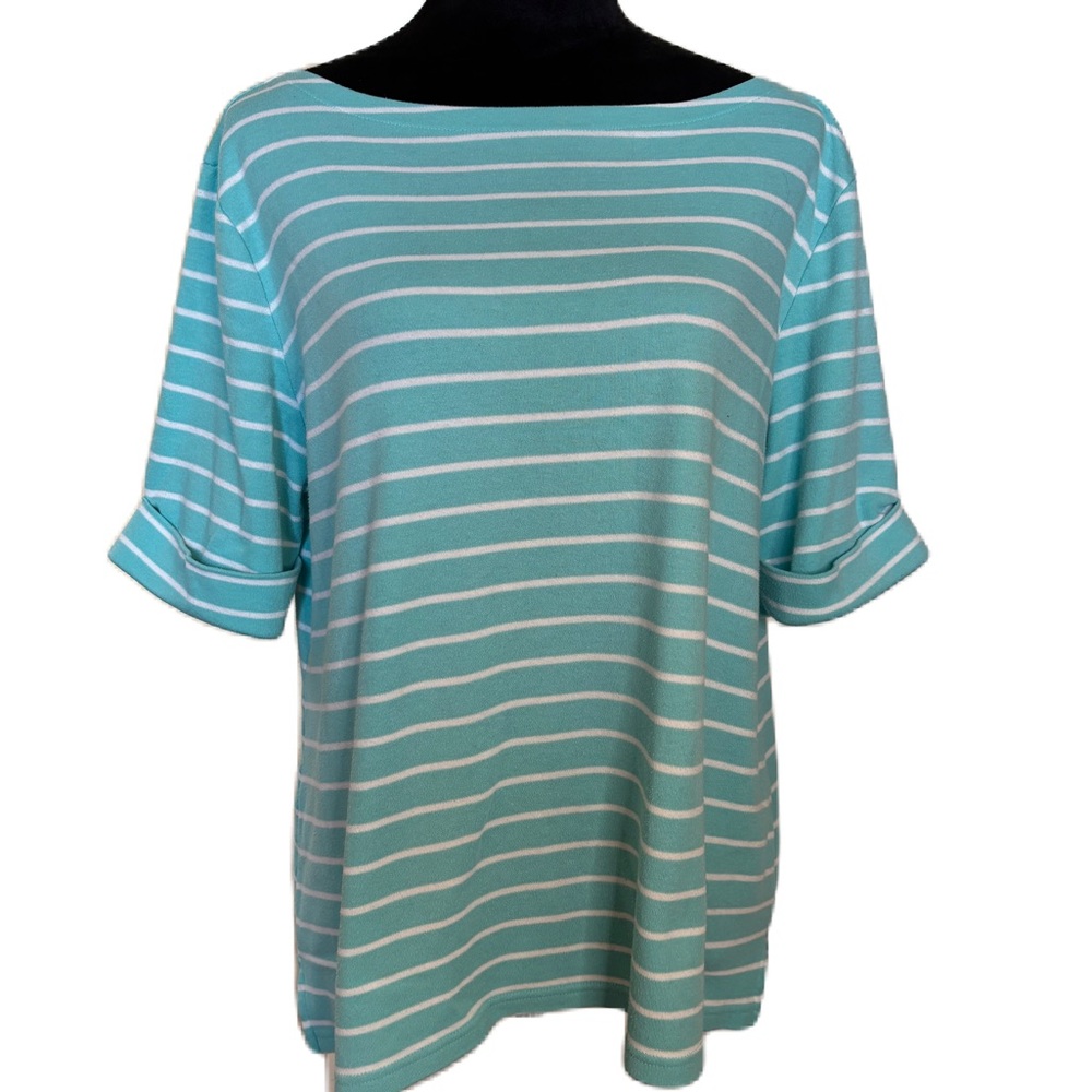 Karen Scott Teal and White Striped Short Sleeve Top